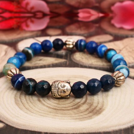 GGL Dyed Blue Banded Agate Gemstone Beads Bracelet for Women