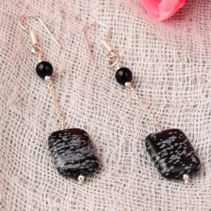 GGL Black Agate And Snowflake Obsidian Drop Earrings For Women