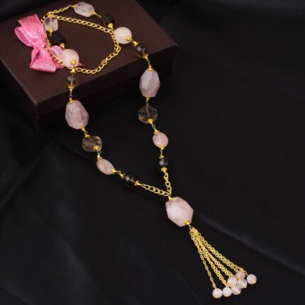 GGL Attractive Round, Faceted Round, Tumble Shaped Smoky Quartz, Rose Quartz Beads Necklace For Women