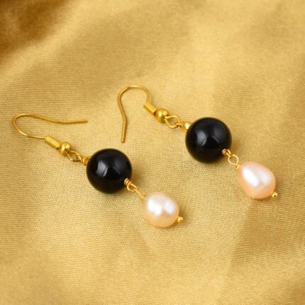 GGL Black Onyx And White Freshwater Pearl Earrings