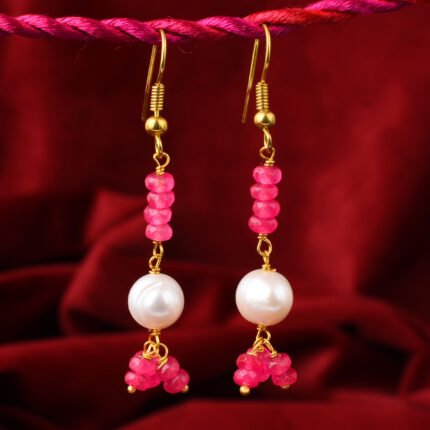 GGL Freshwater Pearl And Pink Jade Designer 2.5 Inch Earrings