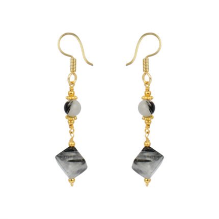 GGL Round and Cube shaped Black Rutilated Quartz Stone Studded Beads Fashion Earrings for Women and Girls.
