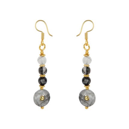GGL Round and Coin shaped Black Rutilated Quartz Stone Studded Beads Fashion Earrings for Women and Girls.