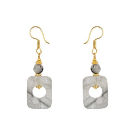 GGL Rectangle and Round shaped Black Rutilated and Cloudy Quartz Stone Studded Beads Fashion Earrings for Women and Girls.