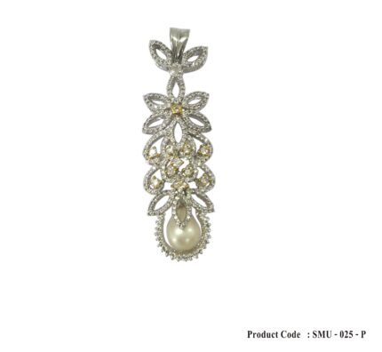 Sterling Silver White and Gold Flower Design Pearl Drop Dangler Cubic Zirconia Pendant for Women
